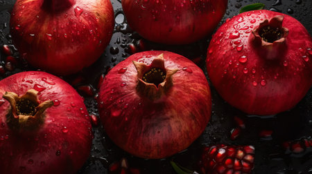 Fresh ripe pomegranades with water drops background. Fruits backdrop. Generative AI.の素材