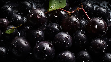 Fresh ripe blackcurrantss with water drops background. Berries backdrop. Generative AI.の素材