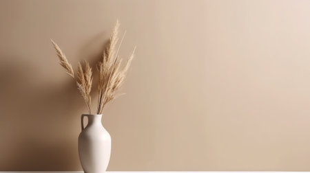 Vase with decorative dry plant branch against beige wall background. Minimalist interior mockup. Generative AI.の素材