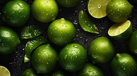 Fresh ripe limes with water drops background. Fruits backdrop. Generative AI.の素材