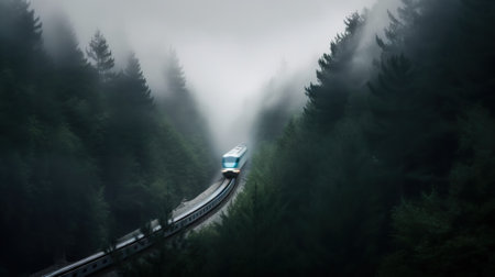 Speed passenger train moving in the mist mountains covered with forest. Generative AI.の素材