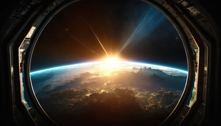 View from illuminator on planet and star rising behind with bright rays. Generative AI.の素材