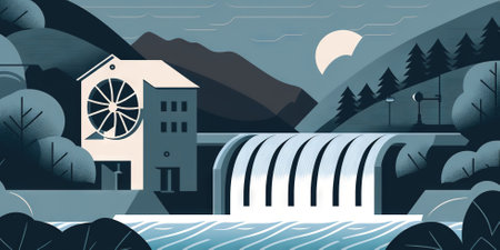 Illustration of hydroelectric power plant that produce clean energy. Generative AI.の素材