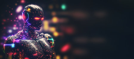 Portrait of artificial intelligence avatar. Iridescent synthetic humanoid. Generative AI.の素材