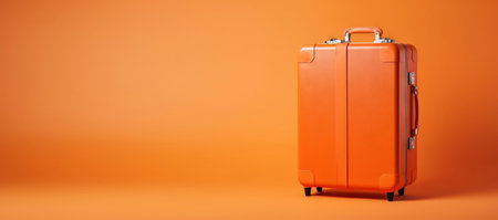 Orange travel suitcase, on orange background. Trip concept. Generative AI.の素材