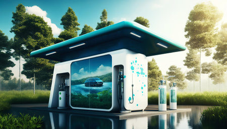 Hydrogen fuel cell station for cars recharging. Green energy. Generative AI.の素材
