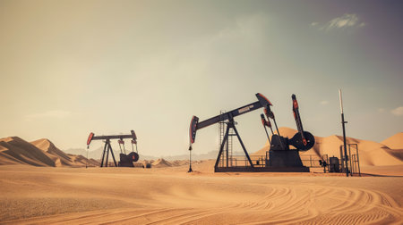Working oil pumps in desert place. Natural resources industry. Oil rig in dunes. Generative AI.の素材