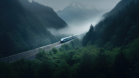 Speed passenger train moving in the mist mountains covered with forest. Generative AI.の素材