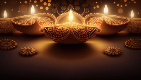 Diya lit lamps on rangoli. Diwali celebration concept. Generative AI.の素材