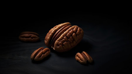Dry organic Pecan Nuts top view on dark background. Healthy nuts. Generative AI.の素材