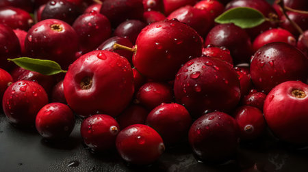 Fresh ripe cranberries with water drops background. Berries backdrop. Generative AI.の素材