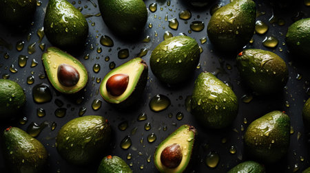 Fresh ripe avocados with water drops background. Fruits backdrop. Generative AI.の素材