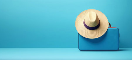 Blue travel suitcase with wheels, straw hat, on uniform blue background. Trip concept. Generative AI.の素材