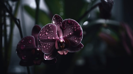 Closeup of orchid tropical plant leaves with rain drops. Green natural backdrop. Generative AI.の素材