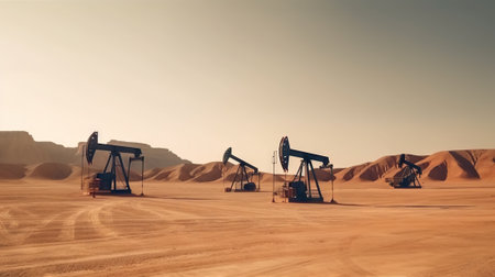 Working oil pumps in desert place. Natural resources industry. Oil rig in dunes. Generative AI.の素材