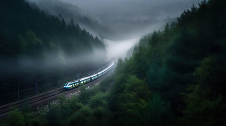 Speed passenger train moving in the mist mountains covered with forest. Generative AI.の素材