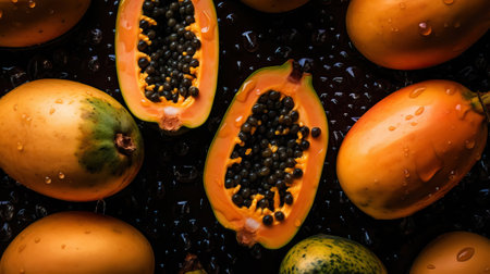 Fresh ripe papayas with water drops background. Fruits backdrop. Generative AI.の素材
