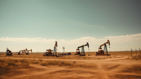 Working oil pumps in desert place. Natural resources industry. Oil rig in dunes. Generative AI.の素材