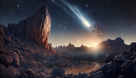 Comet fly by the bright star viewed from the plant surface. Beauty of universe. Generative AI.の素材