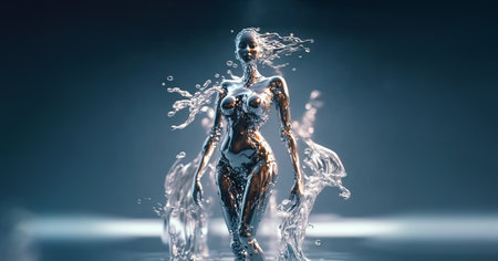 Female android portrait of artificial intelligence avatar. Wires and tech pieces on cyborg head. Generative AI.の素材