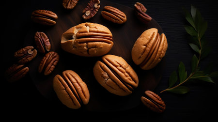 Dry organic Pecan Nuts top view on dark background. Healthy nuts. Generative AI.の素材