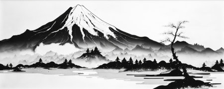 Abstract landscape with mountains japanese style. Generative AI.の素材