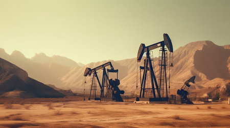Working oil pumps in mountains. Natural resources industry. Oil rig. Generative AI.の素材