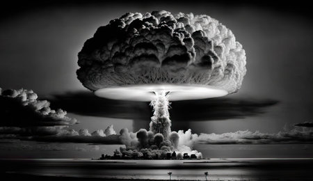 Nuclear explosion in black and white. Nuke bomb mushroom radioactive cloud. Generative AI.の素材