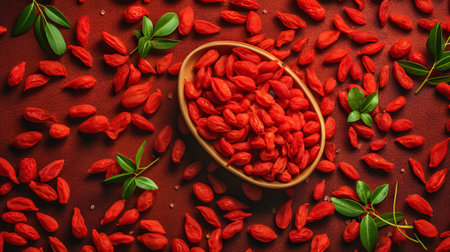 Fresh ripe goji berry with water drops background. Berries backdrop. Generative AI.の素材