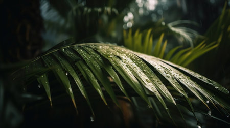 Closeup of palm tropical plant leaves with rain drops. Green natural backdrop. Generative AI.の素材