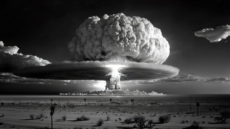 Nuclear explosion in black and white. Nuke bomb mushroom radioactive cloud. Generative AI.の素材