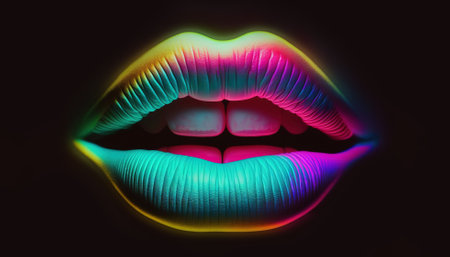 Neon female lips. Colorful party symbol. Generative AI.の素材