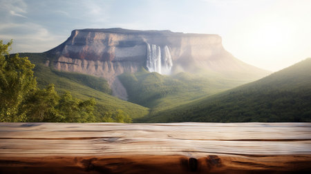 Wood table mockup with mountain waterfall on background. Empty copy space for product presentation. Generative AI.の素材