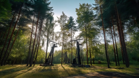 Oil rig in forest. Fir trees and oil pumps. Generative AI.の素材