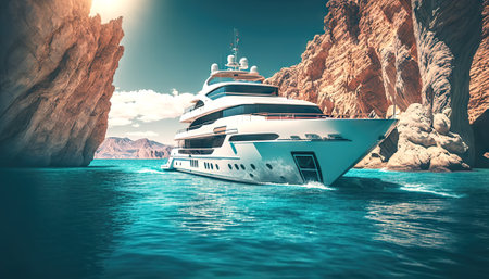 Low angle view on luxury yacht from the paradise turquoise ocean water surface. Sunny day in tropic sea. Generative AI.の素材