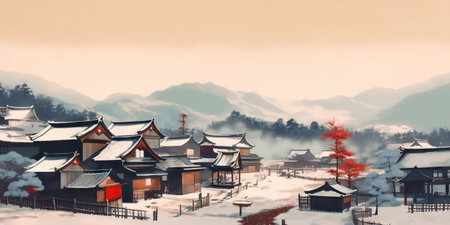 Minimalistic japanese village concept. Traditional scenic landscape. Generative AI.の素材