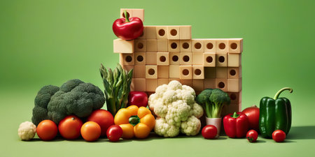 Equilibrium food balance diet concept. Balancing pyramid or tower of vegetables. Generative AI.の素材