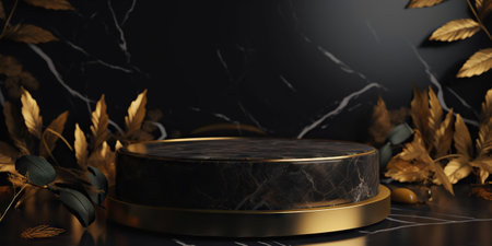 Podium made of black marble with gold, pedestal or platform. Advertising scene. Blank product stand. Generative AI.の素材