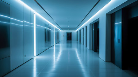 Blue abstract futuristic tunnel with neon lines. Generative AI.の素材