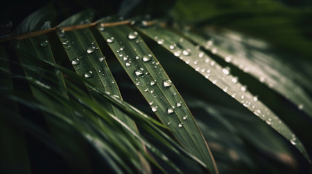 Closeup of palm tropical plant leaves with rain drops. Green natural backdrop. Generative AI.の素材
