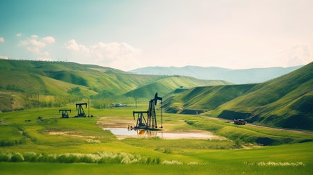 Oil pump on on hills landscape. Oil pumps. Generative AI.の素材