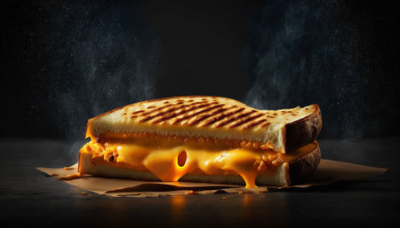 Super delicious grilled cheese sandwich on dark background. Generative AI.の素材