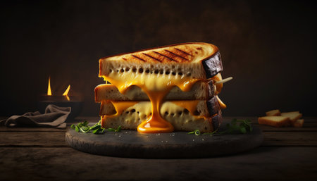 Super delicious grilled cheese sandwich on dark background. Generative AI.の素材