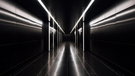 Black abstract futuristic tunnel with neon lines. Generative AI.の素材