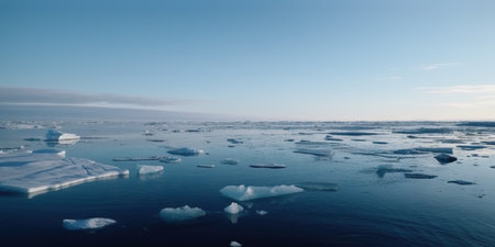 Winter sea landscape with floating ice fragments on still cold water. Generative AI.の素材