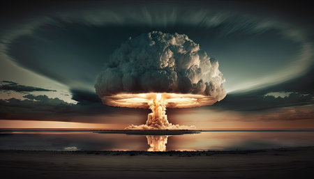 Nuclear explosion in the desert. Nuke bomb mushroom radioactive cloud. Generative AI.の素材