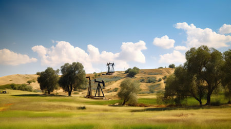 Oil pump on on hills landscape. Oil pumps. Generative AI.の素材
