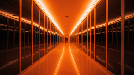 Orange abstract futuristic tunnel with neon lines. Generative AI.の素材