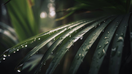 Closeup of palm tropical plant leaves with rain drops. Green natural backdrop. Generative AIの素材