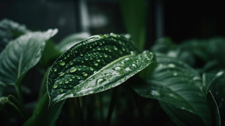 Closeup of Dumb cane tropical plant leaves with rain drops. Green natural backdrop. Generative AIの素材